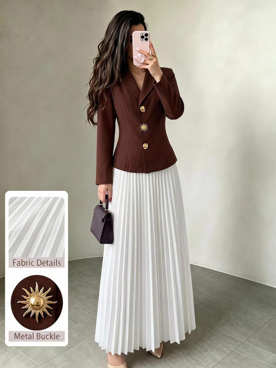Modelyn Women's Casual Commute Blazer Long Sleeve Asymmetric Button Fitted Jacket, Pleated Skirt Two Pieces Set, Autumn/Winter