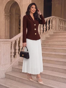 Modelyn Women's Casual Commute Blazer Long Sleeve Asymmetric Button Fitted Jacket, Pleated Skirt Two Pieces Set, Autumn/Winter - Rust Brown - View 7