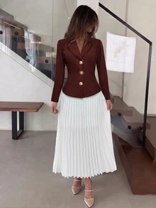 Modelyn Women's Casual Commute Blazer Long Sleeve Asymmetric Button Fitted Jacket, Pleated Skirt Two Pieces Set, Autumn/Winter - Rust Brown - View 4