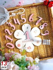 SHEIN Newborn Baby Girl Milestone Numbers Wooden Board Cute Dusty Pink White Coordinated Effortless Boys Girls School Set Photography Prop Autumn - Multicolor - View 2