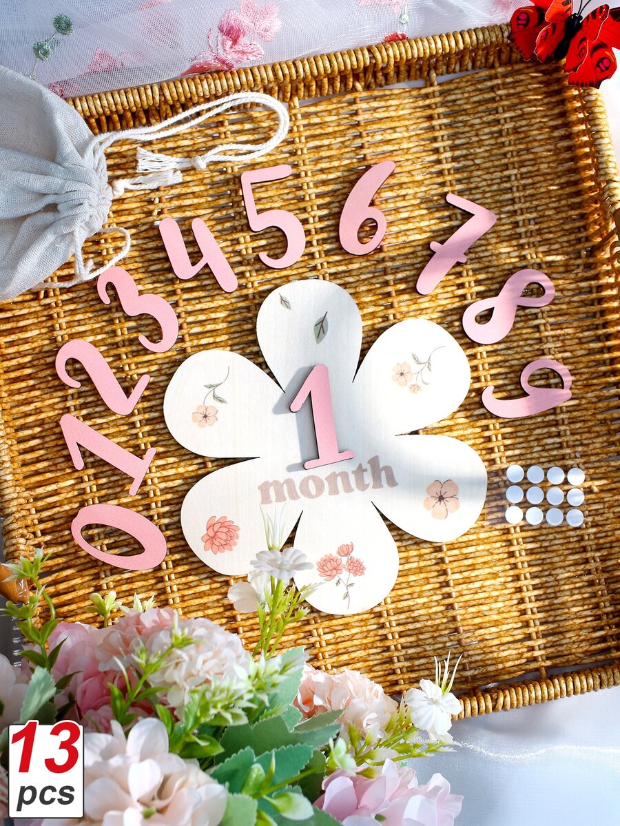 SHEIN Newborn Baby Girl Milestone Numbers Wooden Board Cute Dusty Pink White Coordinated Effortless Boys Girls School Set Photography Prop Autumn