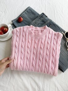 SHEIN Teen Girls White Cable Knit Cable Rope Cable V-Neck Long Sleeve Sweater, Suitable For Matching With Jackets, Jeans, Skirts Pullover - Pink - View 7