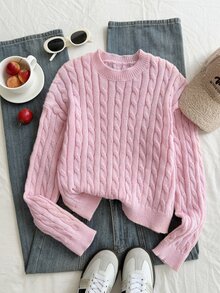 SHEIN Teen Girls White Cable Knit Cable Rope Cable V-Neck Long Sleeve Sweater, Suitable For Matching With Jackets, Jeans, Skirts Pullover - Pink - View 6