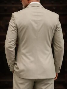 Manfinity Mode 男士商務休閒純色淺卡其色西裝外套與長褲套裝，節日禮物最佳選擇 - 卡其色 - 查看 2