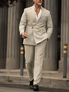 Manfinity Mode 男士商務休閒純色淺卡其色西裝外套與長褲套裝，節日禮物最佳選擇 - 卡其色 - 查看 3