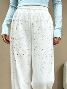 SuriyaCove Shiny Rhinestone Beaded Embellished 100 Cotton Streetwear Casual Women's Long Pants Everyday Beach Off-White Autumn - White - View 7