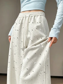 SuriyaCove Shiny Rhinestone Beaded Embellished 100 Cotton Streetwear Casual Women's Long Pants Everyday Beach Off-White Autumn - White - View 8