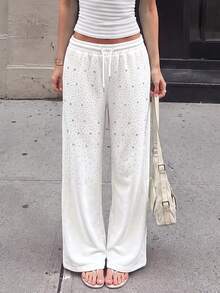 SuriyaCove Shiny Rhinestone Beaded Embellished 100 Cotton Streetwear Casual Women's Long Pants Everyday Beach Off-White Autumn - White - View 1