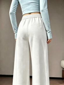 SuriyaCove Shiny Rhinestone Beaded Embellished 100 Cotton Streetwear Casual Women's Long Pants Everyday Beach Off-White Autumn - White - View 5