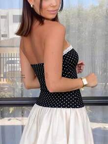 Resyla Women's Contrast Lace Polka Dot Print Ruched Bandeau Top - Black - View 5