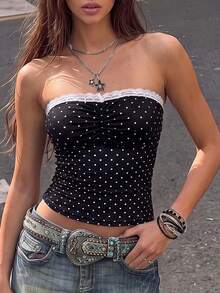 Resyla Women's Contrast Lace Polka Dot Print Ruched Bandeau Top - Black - View 2