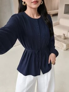 Rue Lumi Women's Small Round Neck Tie Long Sleeve Blouse - Navy Blue - View 6