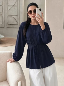 Rue Lumi Women's Small Round Neck Tie Long Sleeve Blouse - Navy Blue - View 5