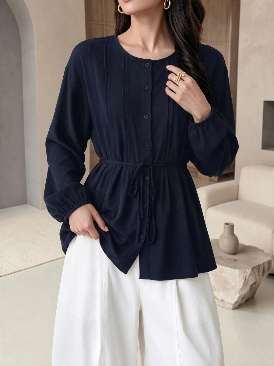 Rue Lumi Women's Small Round Neck Tie Long Sleeve Blouse