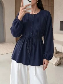Rue Lumi Women's Small Round Neck Tie Long Sleeve Blouse - Navy Blue - View 7