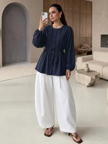 Rue Lumi Women's Small Round Neck Tie Long Sleeve Blouse - Navy Blue - View 4