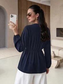 Rue Lumi Women's Small Round Neck Tie Long Sleeve Blouse - Navy Blue - View 3