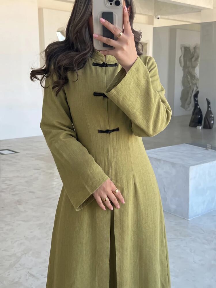 Yasmyna Long Sleeve Elegant Long Button-Front Arabian Dress - Green - View 1