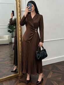 Modelyn Women's Solid Color Elegant Blazer Collar Pleated Dress - Coffee Brown - View 1