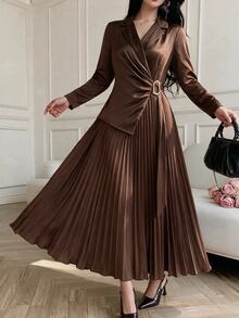 Modelyn Women's Solid Color Elegant Blazer Collar Pleated Dress - Coffee Brown - View 5