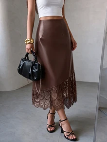 Modelyn Women's Lace Patchwork Skirt - Brown - View 6