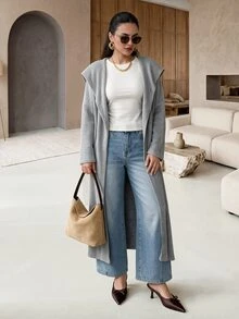 Mulvari Jaket Wanita Polos Kasual Serbaguna Lengan Panjang Berkerudung untuk Pemakaian Sehari-hari - Grey - View 3