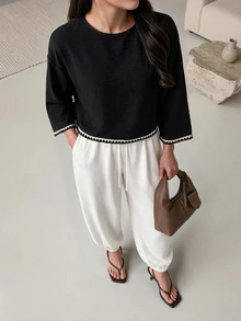 Mulvari Zen-Inspired Contrast Color 2 Pieces Set For Women: Square Neck Ruffle Wide Sleeve Crop Top + Elastic Waist Lantern Wide Leg Pants, Relaxed Blogger Style Loungewear Vacation Slouchy Outfit - Black and White - View 7