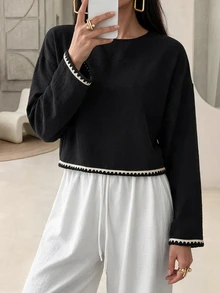 Mulvari Zen-Inspired Contrast Color 2 Pieces Set For Women: Square Neck Ruffle Wide Sleeve Crop Top + Elastic Waist Lantern Wide Leg Pants, Relaxed Blogger Style Loungewear Vacation Slouchy Outfit - Black and White - View 4