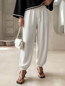 Mulvari Zen-Inspired Contrast Color 2 Pieces Set For Women: Square Neck Ruffle Wide Sleeve Crop Top + Elastic Waist Lantern Wide Leg Pants, Relaxed Blogger Style Loungewear Vacation Slouchy Outfit - Black and White - View 5