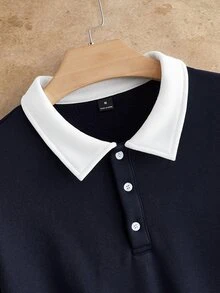 HIMLAND 男士拼色 Polo 領長袖學院風衛衣，抓絨加大號套頭衫，圓領運動衫，適合秋季、萬聖節、冬季派對 - 藏蓝色 - 查看 3