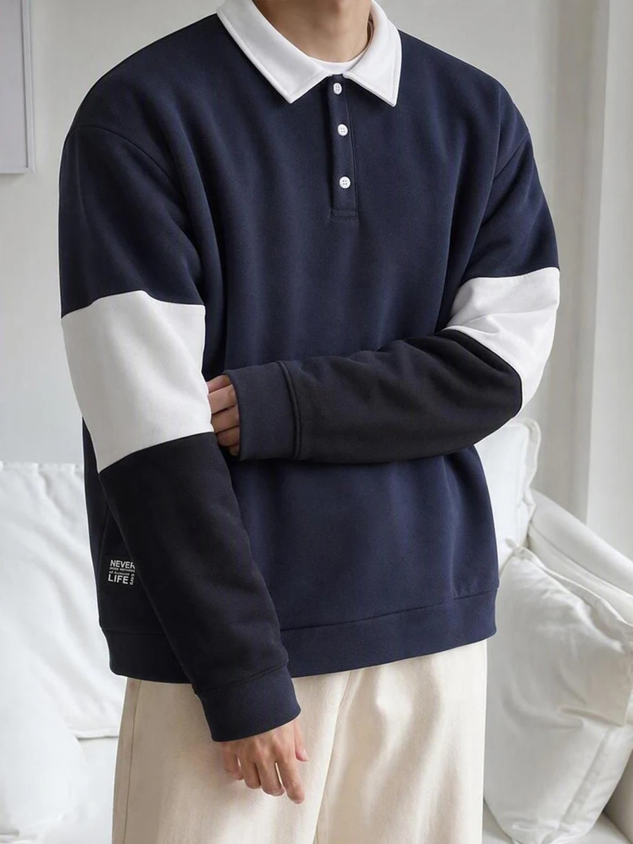 HIMLAND Men's Colorblock Polo Collar Long Sleeve Preppy Sweatshirt Autumn,Fleece,Oversized Pullover,Crew Neck Sweatshirt,Halloween Winter Party Autumn - Navy Blue - View 1
