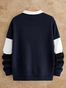 HIMLAND 男士拼色 Polo 領長袖學院風衛衣，抓絨加大號套頭衫，圓領運動衫，適合秋季、萬聖節、冬季派對 - 藏蓝色 - 查看 2