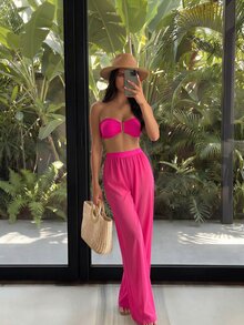 SHEIN Swim 3件套新款玫红色抹胸上衣、三角泳裤和网纱沙滩裤，性感休闲假日派对泳装及沙滩套装，女士度假套装 - 玫紅色 - 查看 1