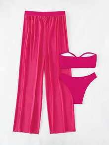 SHEIN Swim 3件套新款玫红色抹胸上衣、三角泳裤和网纱沙滩裤，性感休闲假日派对泳装及沙滩套装，女士度假套装 - 玫紅色 - 查看 2
