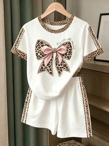 SHEIN (1組隨機)青少年女孩極簡休閒豹紋蝴蝶結粉色馬尾條紋拼接基礎短袖T恤與短褲套裝 夏季 - 彩色 - 查看 4