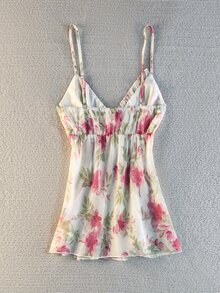 SuriyaCove Women's Summer New Ditsy Floral Sweet Vacation Style Ruffle Trim V-Neck Lace Patchwork Hem Chiffon Semi-Sheer Camisole - White - View 5