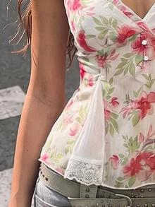 SuriyaCove Women's Summer New Ditsy Floral Sweet Vacation Style Ruffle Trim V-Neck Lace Patchwork Hem Chiffon Semi-Sheer Camisole - White - View 3
