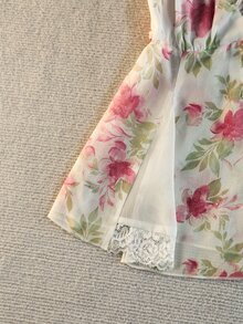 SuriyaCove Women's Summer New Ditsy Floral Sweet Vacation Style Ruffle Trim V-Neck Lace Patchwork Hem Chiffon Semi-Sheer Camisole - White - View 7