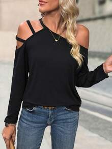 EMERY ROSE Solid Asymmetrical Neck Cut Out Tee Fall Cloth For Women - Black - View 4