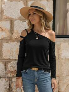 EMERY ROSE Solid Asymmetrical Neck Cut Out Tee Fall Cloth For Women - Black - View 8