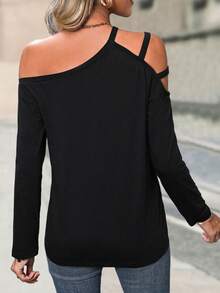 EMERY ROSE Solid Asymmetrical Neck Cut Out Tee Fall Cloth For Women - Black - View 2