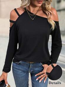 EMERY ROSE Solid Asymmetrical Neck Cut Out Tee Fall Cloth For Women - Black - View 1