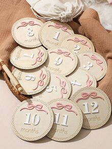 SHEIN Newborn Round Tag Bow Decor Number Plate Photography Set Autumn Fall - Multicolor - View 3