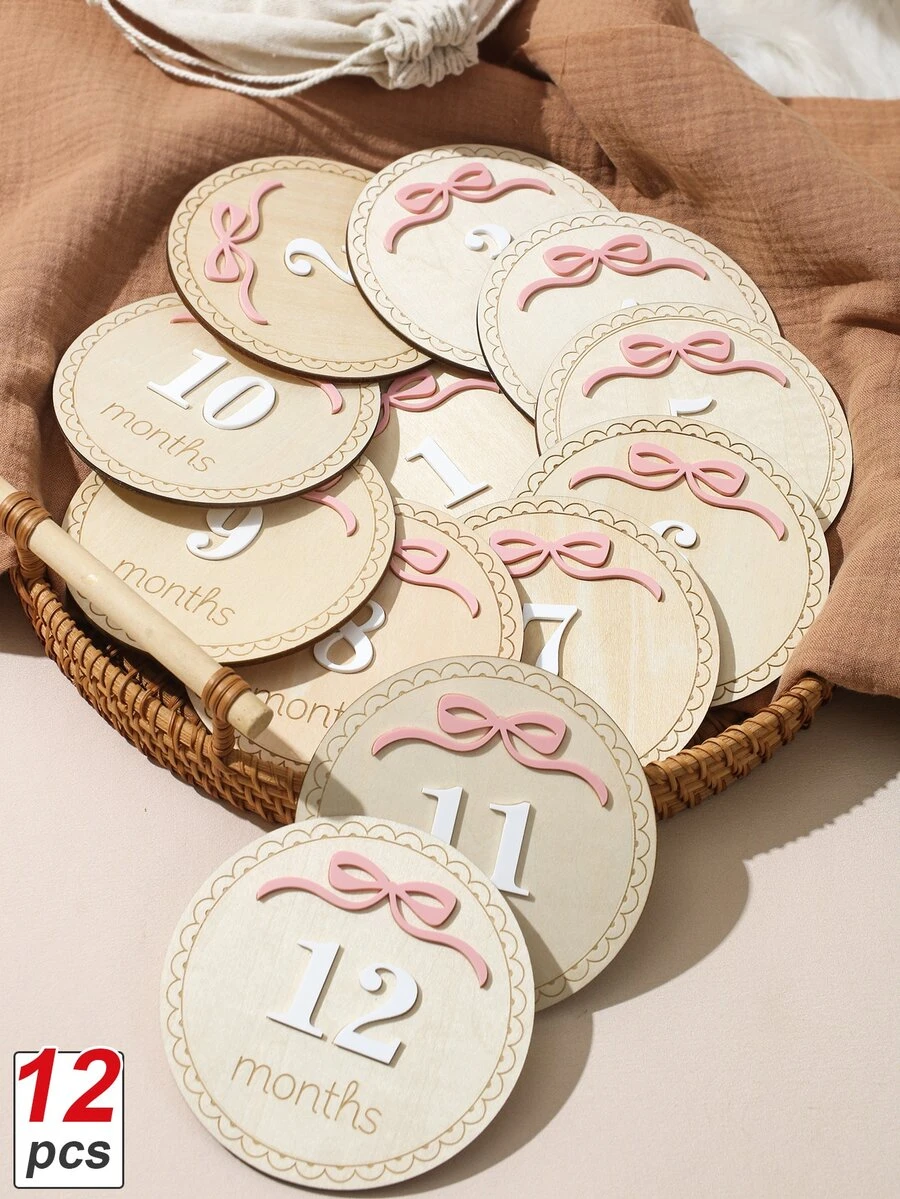 SHEIN Newborn Round Tag Bow Decor Number Plate Photography Set Autumn Fall - Multicolor - View 1