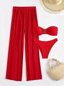 Bonvoyette Women's Summer Vacation Beach Ruched Bandeau Bikini Set And Pants - Red - View 5