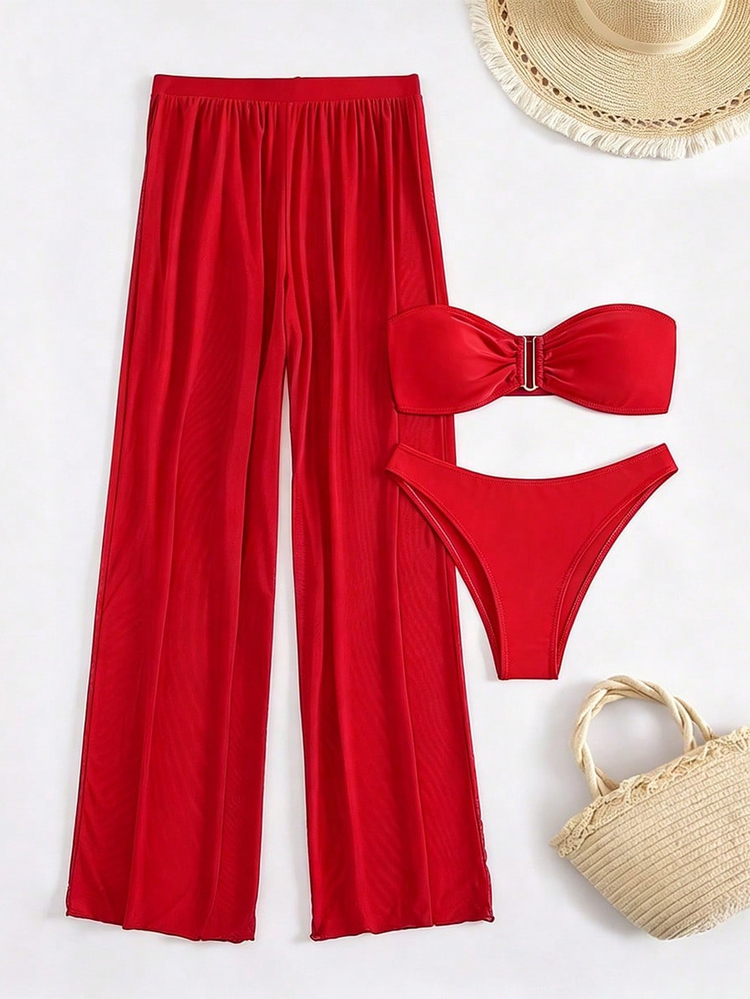 Bonvoyette Women's Summer Vacation Beach Ruched Bandeau Bikini Set And Pants - Red - View 5
