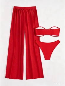 Bonvoyette Women's Summer Vacation Beach Ruched Bandeau Bikini Set And Pants - Red - View 2
