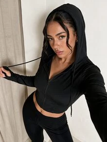 SHEIN Unity Black Cropped Hooded Zip Up Drawstring Slim Fit High Stretch Knit Jacket Long Sleeve Fall Going Out Night Out Date Night Party Club Back To School Y2K - Black - View 5