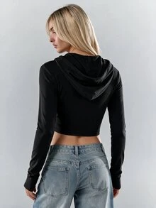 SHEIN Unity Black Cropped Hooded Zip Up Drawstring Slim Fit High Stretch Knit Jacket Long Sleeve Fall Going Out Night Out Date Night Party Club Back To School Y2K - Black - View 3