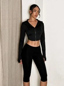 SHEIN Unity Black Cropped Hooded Zip Up Drawstring Slim Fit High Stretch Knit Jacket Long Sleeve Fall Going Out Night Out Date Night Party Club Back To School Y2K - Black - View 7